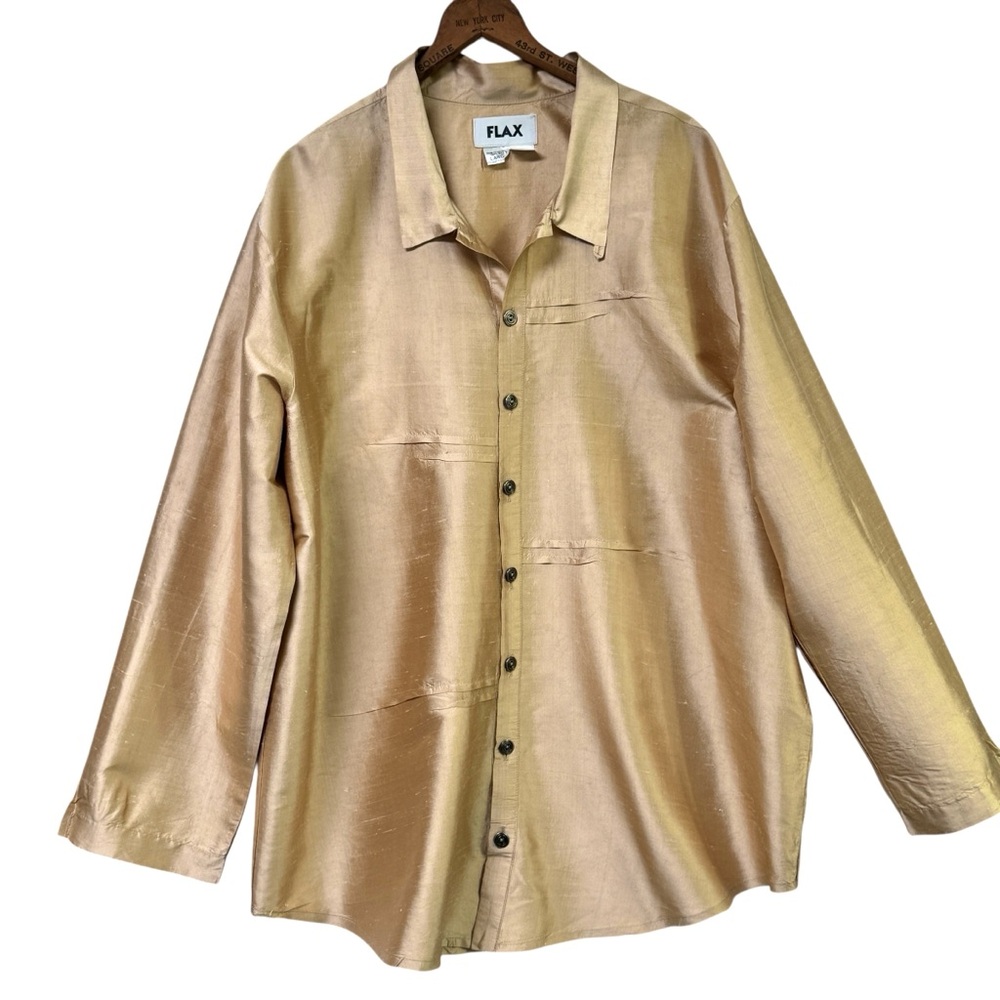 FLAX Gold Raw Silk Shirt with buttoned collar - Picture 2 of 13